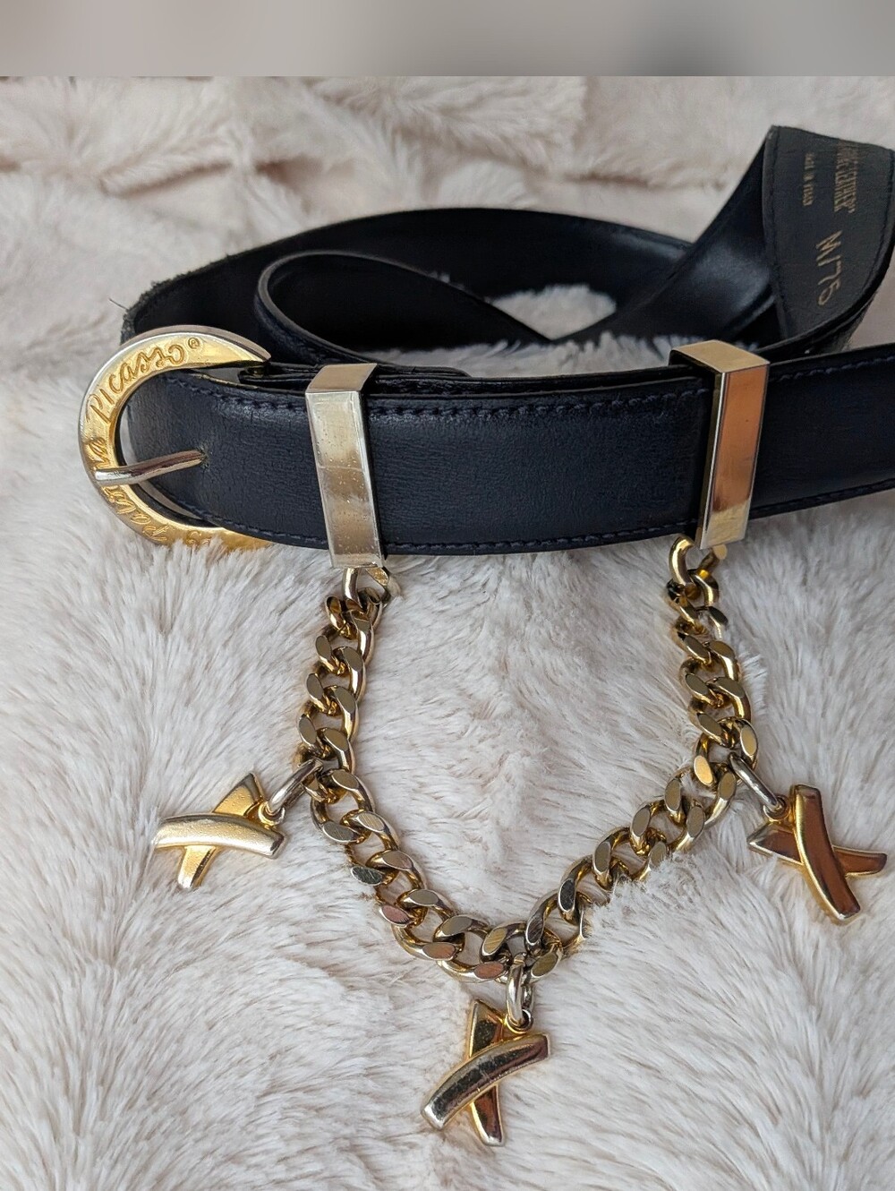 Vintage Paloma Picasso Black Leather Belt with Gold-Tone Charm Chain medium
